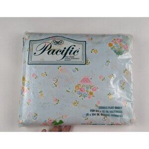 Vintage Pacific Muslin Blue Floral Flat Sheet Size Double NWT